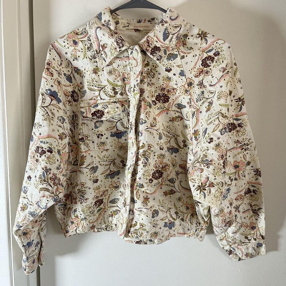 Anthropologie x Solitaire Floral Eyelet Snap Button Jacket Sz M Cottagecore